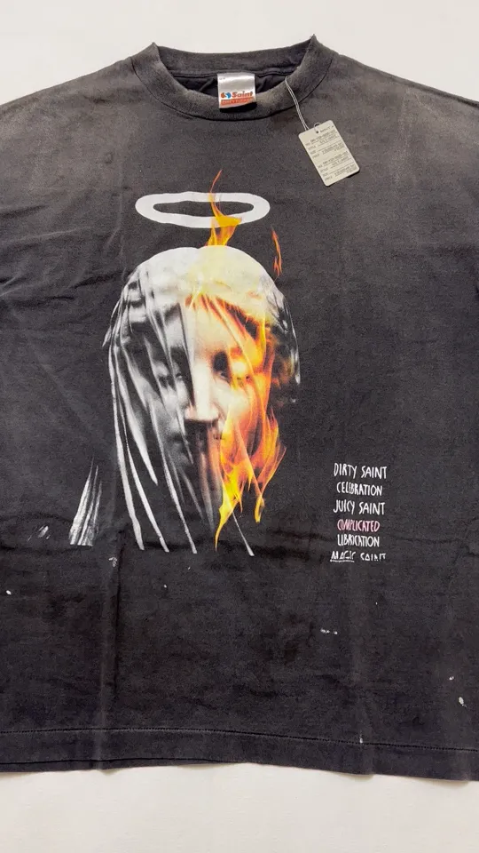 SAINT Mxxxxxx SS TEE/DEVIL DADDY/BLK Virgin Mary retro distressed printed tee, washed black S-XL, this season's hottest item, in order to give you an authentic experience, repeated debugging and polishing in printing and washing, finally meet you, the same old style, the same as the original version, cylindrical side seam OE yarn fabric/completely matched accessories, garment dyeing, heavy washing and water fading, bust bandage fading.